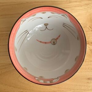 Ceramic Noodle bowl. Pink with white cat inside and out